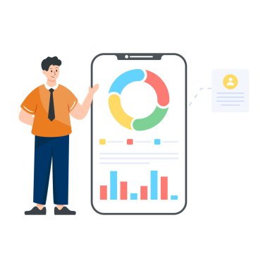 Akıllı telefon ve grafik vektör illüstrasyon tasarımına sahip iş adamı