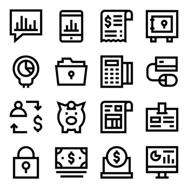 Bankacılık ve finans hattı simgeleri ayarlandı. vektör illüstrasyonu
