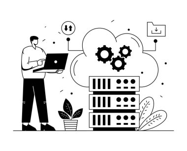 Dizüstü bilgisayarı ve vites çizimi olan bir adam.