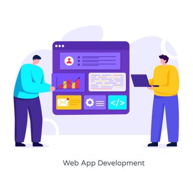 Düz dizayn resimli online iş konsepti ve dizüstü bilgisayarlı bir akıllı telefon.