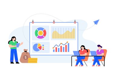 Dizüstü bilgisayar ve grafik grafik çizelgesi çizimi ile çalışan iş adamları