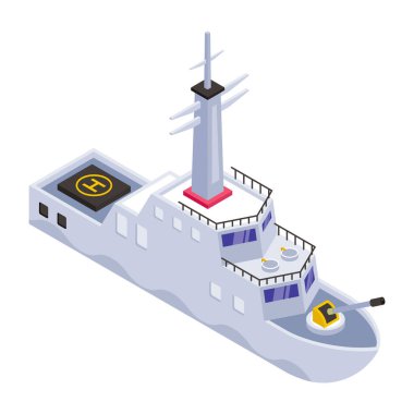 Denizde teknesi olan izometrik bir gemi. vektör illüstrasyonu