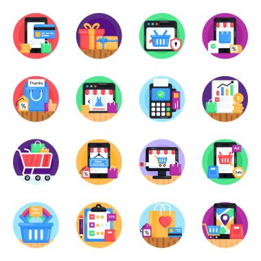 Alışveriş ve çevrimiçi mağaza simgeleri ayarlandı. düz resimleme 