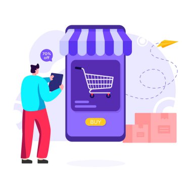 İnternet alışveriş konsepti. Akıllı telefon ve cep telefonunun vektör çizimi