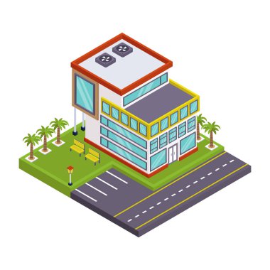 Ev ve yol vektör illüstrasyonlu izometrik şehir binası