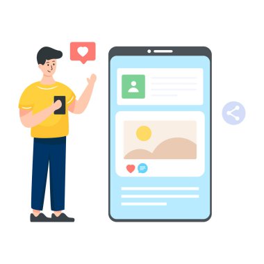 Akıllı telefonu ve kalp mesajı vektör çizimi olan bir adam.