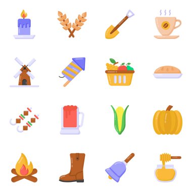 Şükran Günü simgeleri ayarlandı. web tasarımı için 36 besin vektörü sembolü biçimindeki çizgi film biçimi