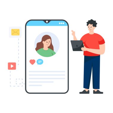 Akıllı telefona ve sosyal medya vektör illüstrasyonuna sahip çift