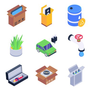 Farklı tipte insan, ev ve diğer vektör illüstrasyonlarının izometrik simgeleri.