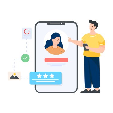 Online flört konsepti. Akıllı telefon ve sosyal medya kullanan kadın ve erkeğin vektör çizimi