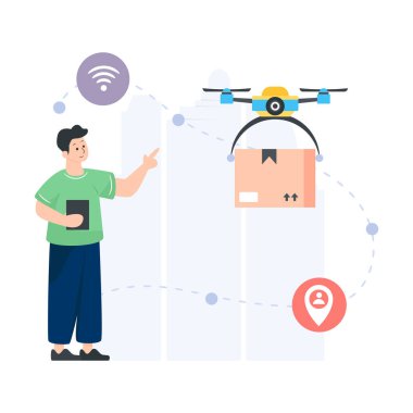 Akıllı telefon ve uzaktan kumandalı vektör illüstrasyon tasarımlı kurye.