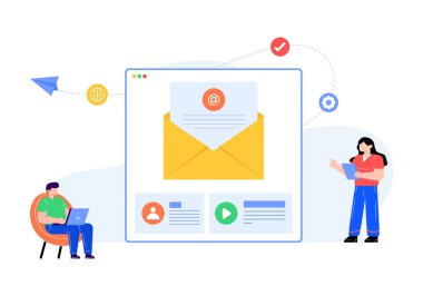 Akıllı telefonlu erkek ve kadın ve e-posta vektör resimli zarf