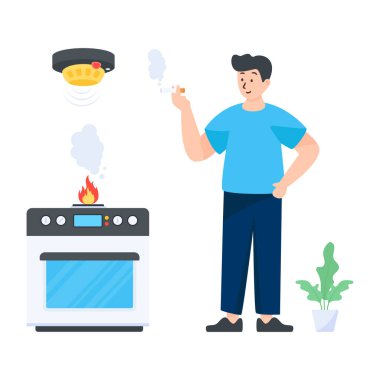 Akıllı telefonu ve mutfak gereçleri vektör çizimi olan bir adam.