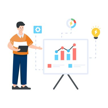 Dizüstü bilgisayarı ve grafik vektör çizimi tasarımı olan bir iş adamı