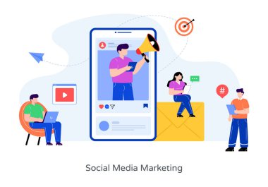 Akıllı telefon ve cep telefonu ile çevrimiçi pazarlama kavramı. vektör illüstrasyonu