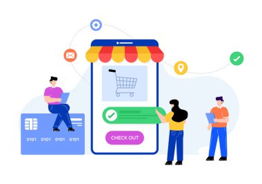 İnternet alışveriş konsepti. cep telefonu ve kredi kartı ile akıllı telefonun düz tasarım çizimi.