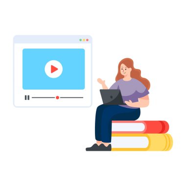 Dizüstü bilgisayarı ve video oynatıcı çizimi olan kadın