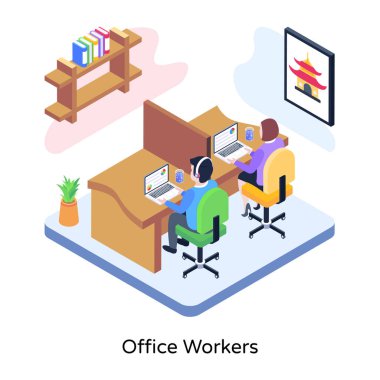 Bir odada oturan bir grup insanın izometrik vektör çizimi.