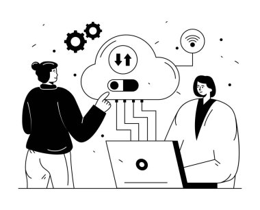 Dizüstü bilgisayarı ve bulut hesaplama vektörü çizimi olan adam