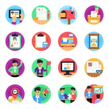 Web ve mobil uygulamalar, pazarlama, yönetim ve diğer vektör illüstrasyonları için iş düzeyi simgeleri ayarlandı