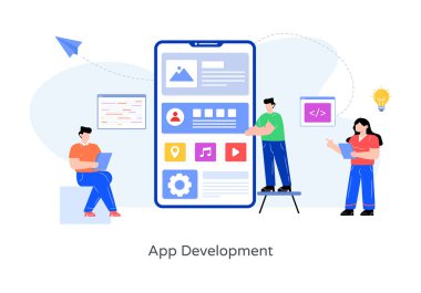 Online iş konsepti. Genç bir adam ve akıllı telefonun vektör çizimi.