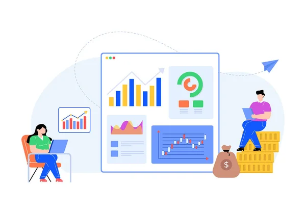 Dizüstü Bilgisayar Grafik Grafik Çizelgesi Çizim Tasarımı Ile Çalışan Adamları — Stok Vektör