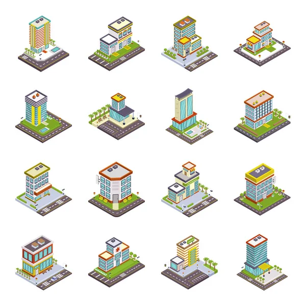 City Building Isometric Icons Set — Vetor de Stock