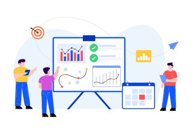 Finansal tablosu ve grafikleri olan iş adamları. vektör illüstrasyonu