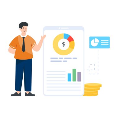 Finansal rapor vektör illüstrasyon tasarımına sahip iş adamı