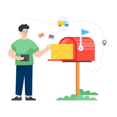 Akıllı telefonu olan ve içinde mesaj vektörü çizimi olan bir adam