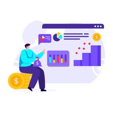 Dizüstü bilgisayarı ve grafik vektör çizimi tasarımı olan bir iş adamı