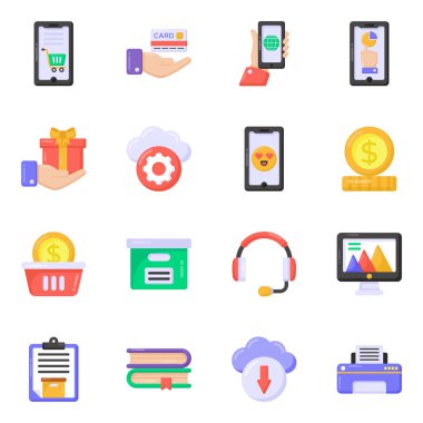 Alışveriş arabalı düz simgeler, vektör illüstrasyonu