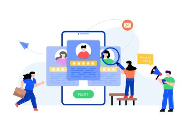 İnternet alışveriş konsepti. Akıllı telefonu ve konuşma balonu olan insanlar. vektör illüstrasyonu
