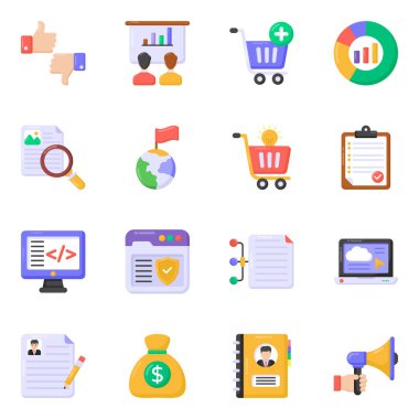 Alışveriş arabalı düz simgeler, vektör illüstrasyonu