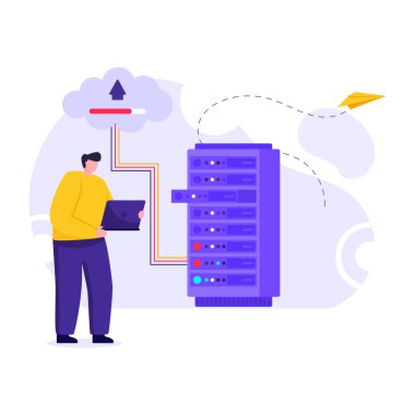 Dizüstü bilgisayarı ve bulut hesaplama vektör çizimi tasarımı olan adam