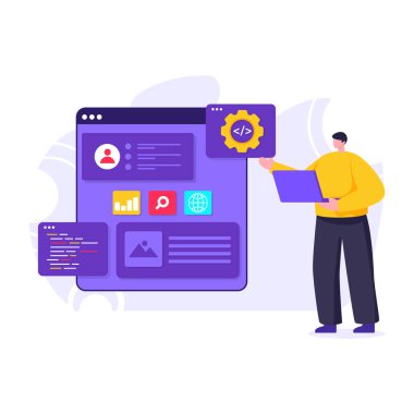 Metin yeni proje vektör illüstrasyonlu dizüstü bilgisayarı olan adam