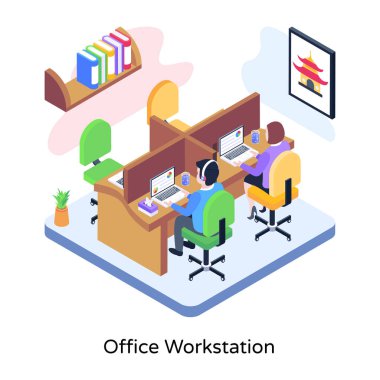 Bir odada çalışan bir grup insanın izometrik vektör çizimi.