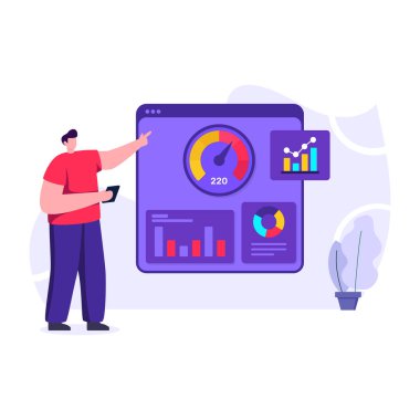 Akıllı telefonlu bir adam, bilgisayarlı bir dizüstü bilgisayar ve beyaz arkaplanlı bir çizelge. vektör illüstrasyonu