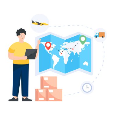 Akıllı telefonlu teslimatçı ve kutu vektör çizimi tasarımlı.