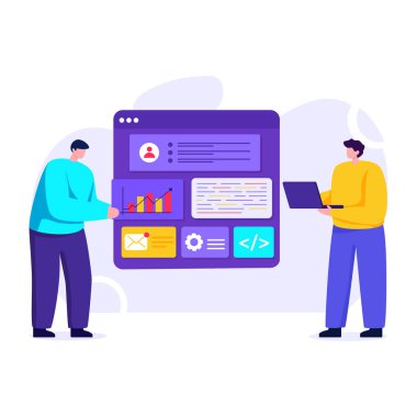 Erkek ve kadın dizüstü bilgisayarla çalışıyor, vektör illüstrasyonu