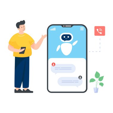 Akıllı telefonu olan ve konuşma kabarcığı çizimi olan bir adam.