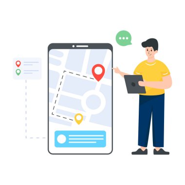 Akıllı telefonu olan ve GPS navigasyon vektörü çizimi olan bir adam