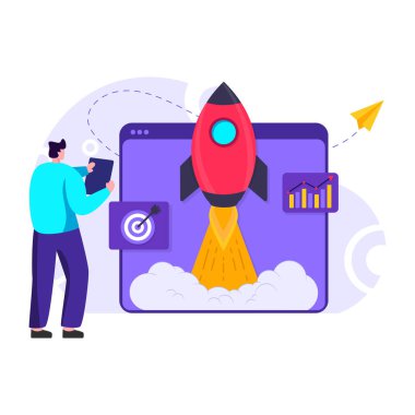 Başlangıç simgeleri tasarımlı roket fırlatma kavramı, vektör illüstrasyonu 10 eps grafik.