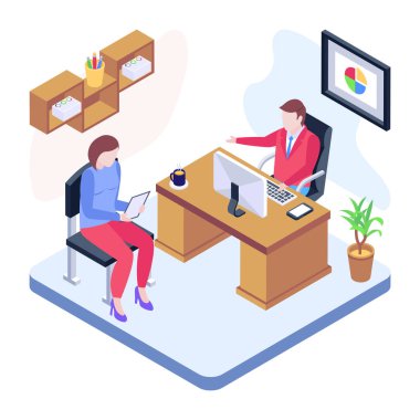 Modern ofis vektör illüstrasyonunda dizüstü bilgisayar ve masa ile çalışan izometrik insanlar