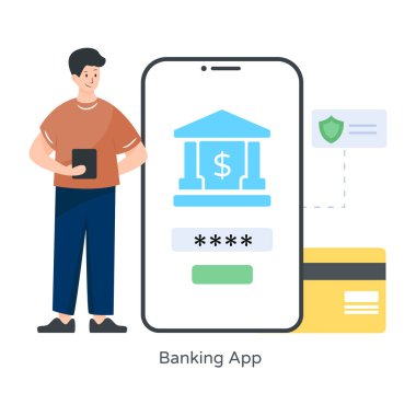 Kredi kartı ve akıllı telefon vektör çizimi olan bir adam.