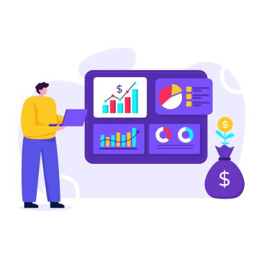 Finansal raporu ve istatistik vektör illüstrasyon tasarımına sahip iş adamı