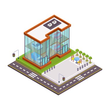 Otel ve ev vektör illüstrasyonlu izometrik şehir binası