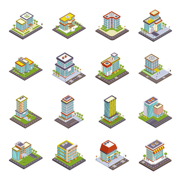 isometric city building icon set. cartoon illustration of 9 street vector icons for web isolated on white background