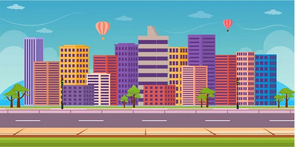 Horizonte Ciudad Con Rascacielos Carretera Ilustración Vectorial — Vector de stock