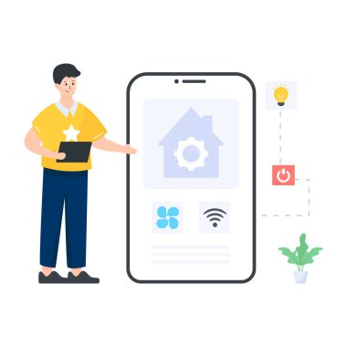 Akıllı telefonu olan ve online teknoloji vektör illüstrasyonlu akıllı telefonu olan adam.